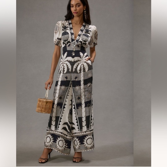 FARM Rio Pants - Anthropologie Farm Rio Puff Sleeve Jumpsuit Size Medium NWT